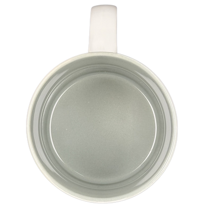 Top view of white ceramic coffee mug with light gray interior and handle visible BOB poetry name vintage mug