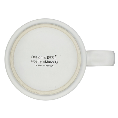 Bottom view of HEATHER Poetry Name Mug Papel showing ceramic design and manufacturing details