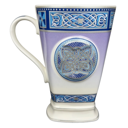 Celtic mug Past Times collectible with intricate blue and silver Celtic knot design