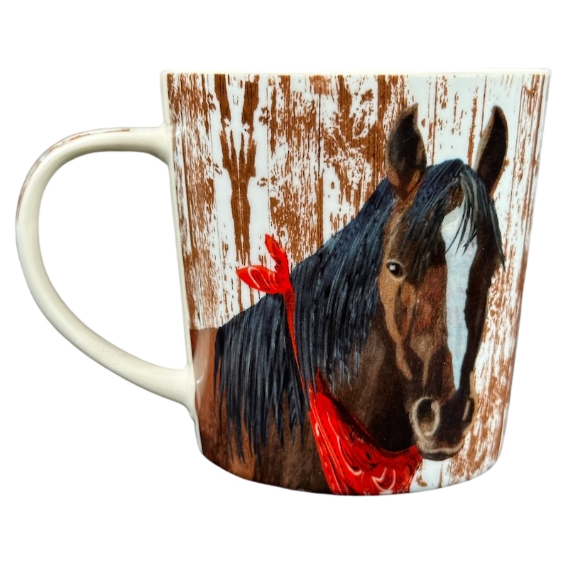 Patti Gay Clyde Horse Mug Two Can Art PPD featuring a detailed horse illustration with a red bandana