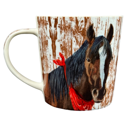Patti Gay Clyde Horse Mug Two Can Art PPD featuring a detailed horse illustration with a red bandana
