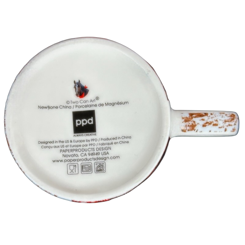 Bottom view of Patti Gay Clyde Horse Mug Two Can Art PPD showcasing brand details and design elements