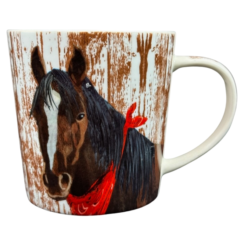 Patti Gay Clyde Horse Mug Two Can Art PPD featuring a detailed horse design and rustic wooden background