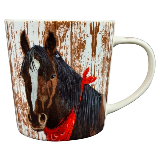 Patti Gay Clyde Horse Mug Two Can Art PPD featuring a detailed horse design and rustic wooden background