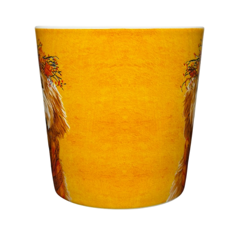 Patti Gay Glacier Dudley Goldendoodle Mug Two Can Art PPD featuring a vibrant yellow background