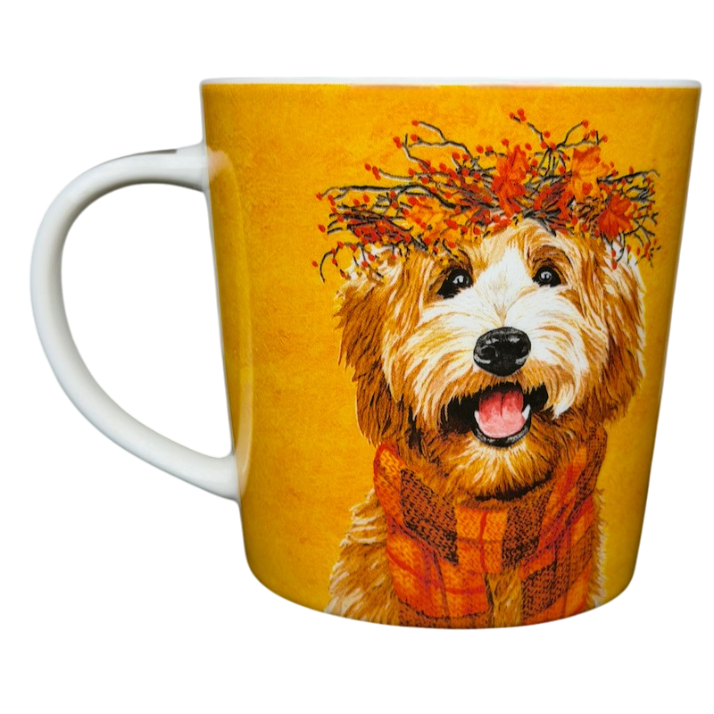 Patti Gay Glacier Dudley Goldendoodle Mug Two Can Art PPD featuring a smiling dog with a floral crown