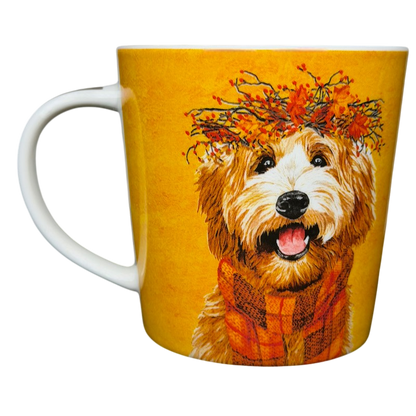 Patti Gay Glacier Dudley Goldendoodle Mug Two Can Art PPD featuring a smiling dog with a floral crown