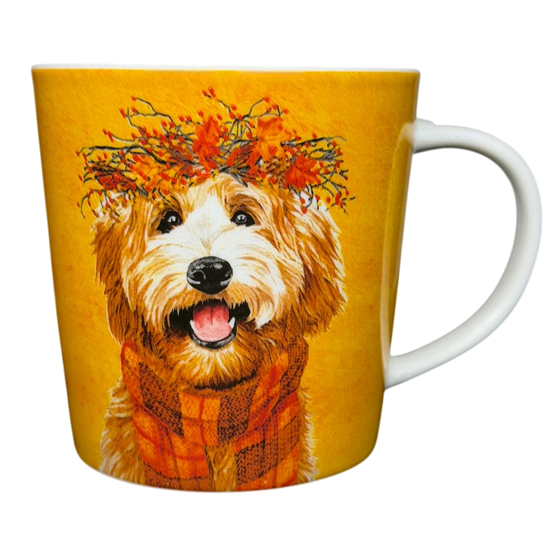 Patti Gay Glacier Dudley Goldendoodle Mug Two Can Art PPD with a cheerful dog illustration and autumn colors