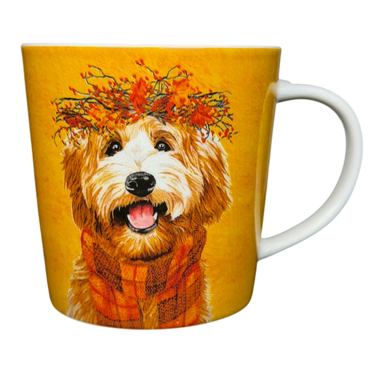 Patti Gay Glacier Dudley Goldendoodle Mug Two Can Art PPD with a cheerful dog illustration and autumn colors