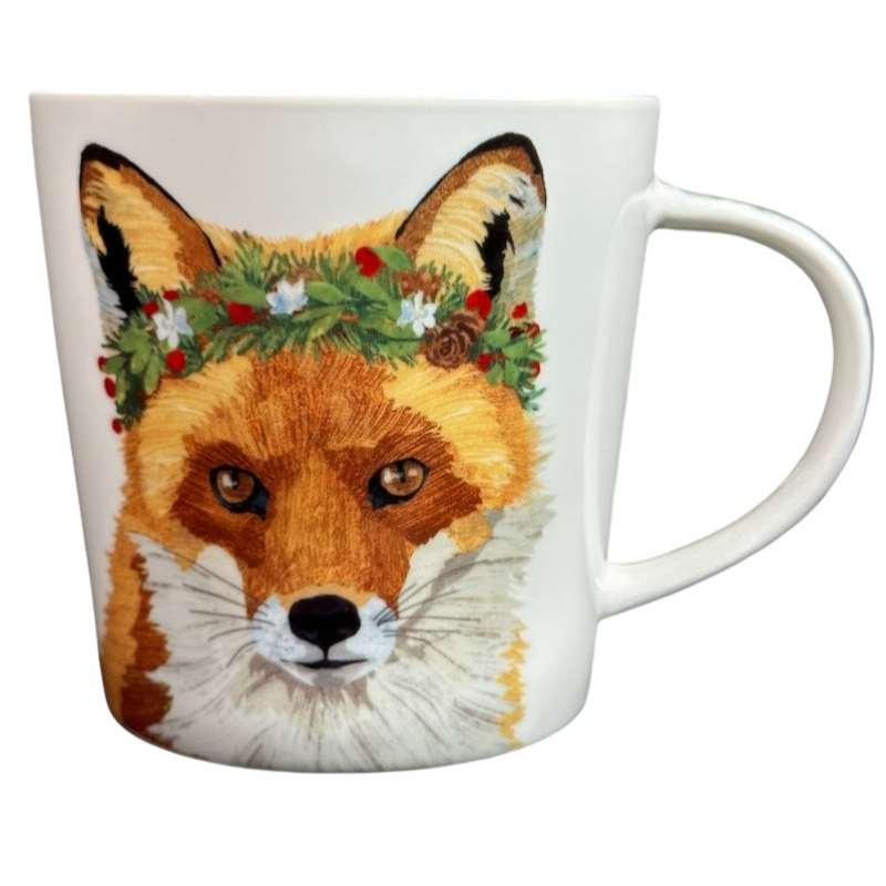 Patti Gay Glacier Fox Mug Two Can Art PPD featuring a detailed illustration of a fox with a floral crown
