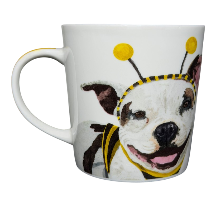 Patti Gay Glacier Widget Pitbull Mug Two Can Art PPD featuring a smiling Pitbull in a bee costume