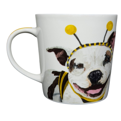 Patti Gay Glacier Widget Pitbull Mug Two Can Art PPD featuring a smiling Pitbull in a bee costume