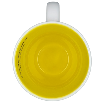 Peanuts Lucy and Snoopy collectible mug featuring a bright yellow interior for unique design