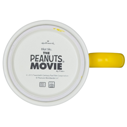 Top view of a Hallmark mug featuring Peanuts Movie Charlie Brown Snoopy design with a yellow handle