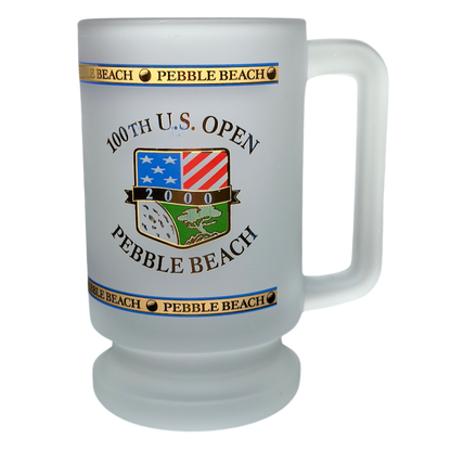 Pebble Beach 100th U.S. Open 2000 Commemorative Frosted Glass Mug featuring golf-themed graphics