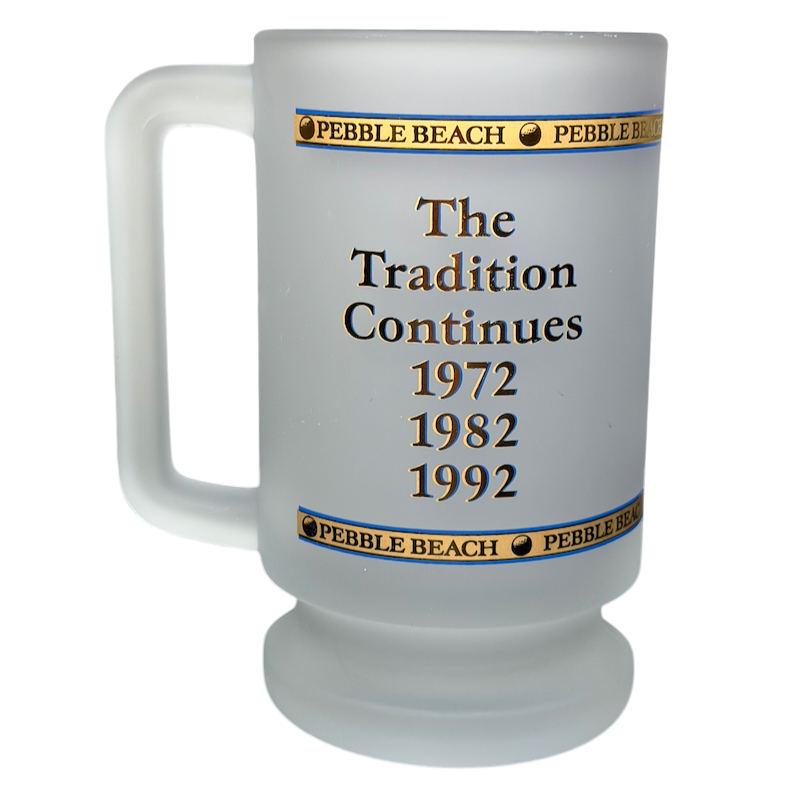 Pebble Beach 100th U.S. Open 2000 Commemorative Frosted Glass Mug featuring historical years 1972, 1982, and 1992.