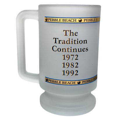 Pebble Beach 100th U.S. Open 2000 Commemorative Frosted Glass Mug featuring historical years 1972, 1982, and 1992.
