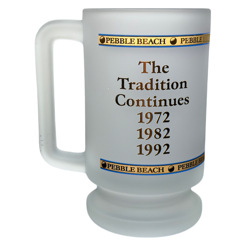 Pebble Beach 100th U.S. Open 2000 Commemorative Frosted Glass Mug featuring celebration years 1972, 1982, and 1992