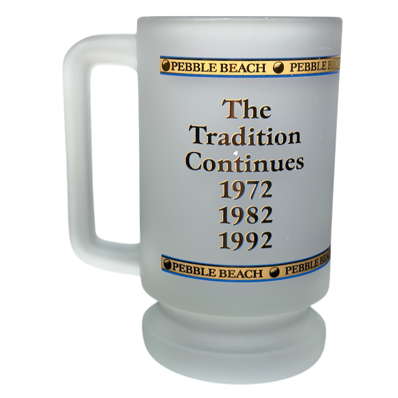 Pebble Beach 100th U.S. Open 2000 Commemorative Frosted Glass Mug featuring key dates and elegant design