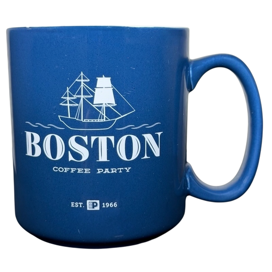 Peet’s Coffee Boston Coffee Party collectible mug in blue with a ship design and established date 1966