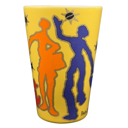 Peet's Coffee & Tea Tall Latte Mug with colorful silhouette designs on a yellow background