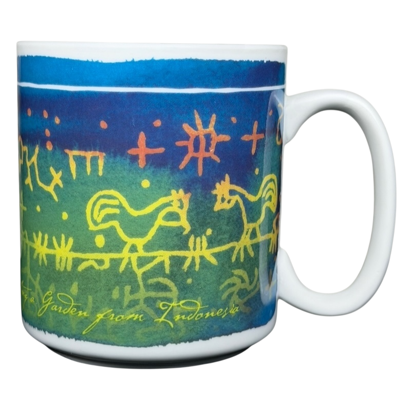 Peet's Rosanna mudcloth Indonesia mug featuring vibrant colors and artistic rooster design