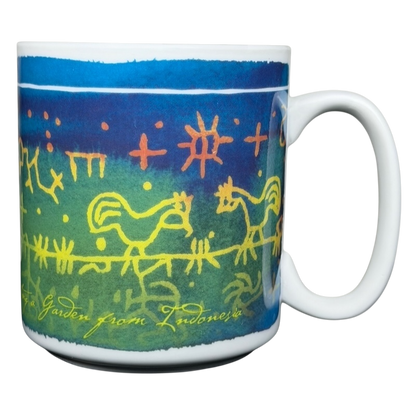 Peet's Rosanna mudcloth Indonesia mug featuring vibrant colors and artistic rooster design