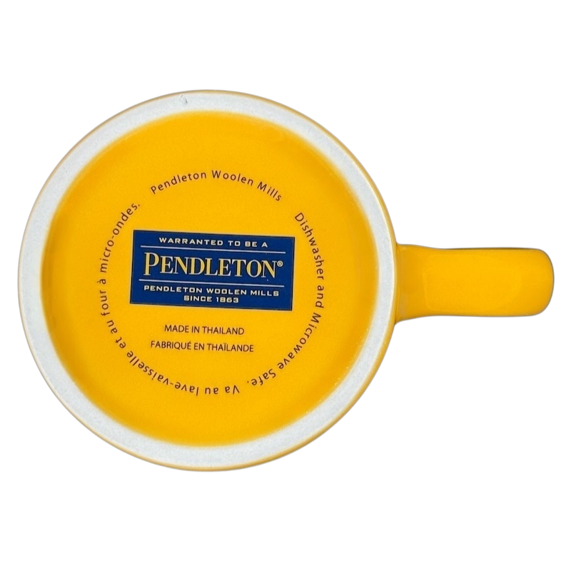 Pendleton Woolen Mills Yellowstone collectible mug in bright yellow with iconic logo on the bottom