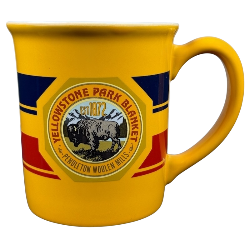Pendleton Woolen Mills Yellowstone collectible mug featuring a vibrant yellow design with a bison graphic