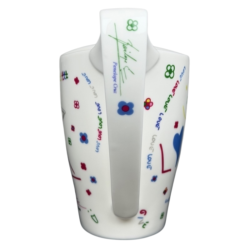 Unique Penelope Cruz collectible mug decorated with colorful designs and signatures