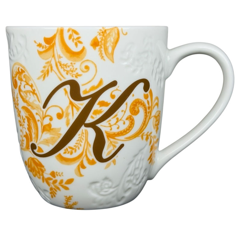 Pier 1 Imports monogram Ava mug K in white with gold floral design for personalized drinks