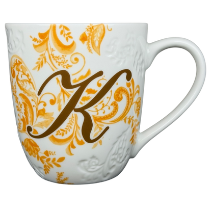 Pier 1 Imports monogram Ava mug K in white with gold floral design for personalized drinks
