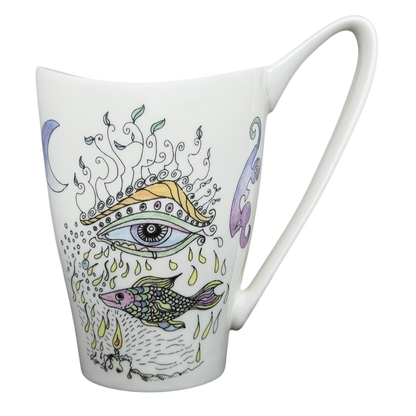 Churchill Pierce Brosnan Whatever It Takes mug featuring colorful artistic designs of an eye and fish