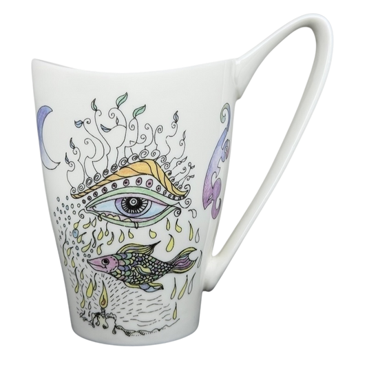 Churchill Pierce Brosnan Whatever It Takes mug featuring colorful artistic designs of an eye and fish