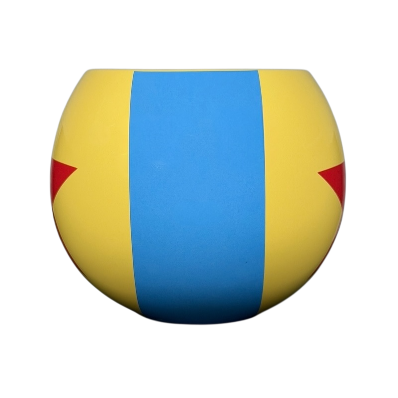 Pixar Luxo Ball collectible Disney mug featuring a vibrant yellow and blue design with red stars