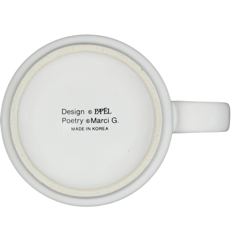 Base view of Papel JIM name poetry mug showing designer details and craftsmanship