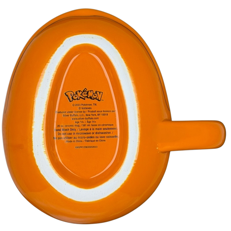 Bottom view of a Pokemon Charmander Mug featuring a bright orange design and official branding