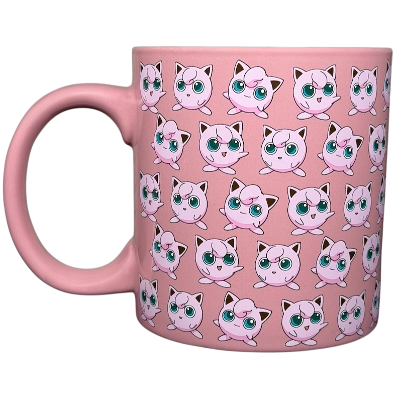 Pink Pokemon Jigglypuff mug featuring repeated Jigglypuff characters for fans of the franchise