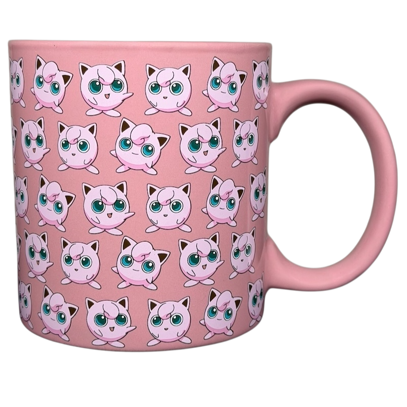 Pink Pokemon Jigglypuff mug featuring a patterned design of Jigglypuff characters