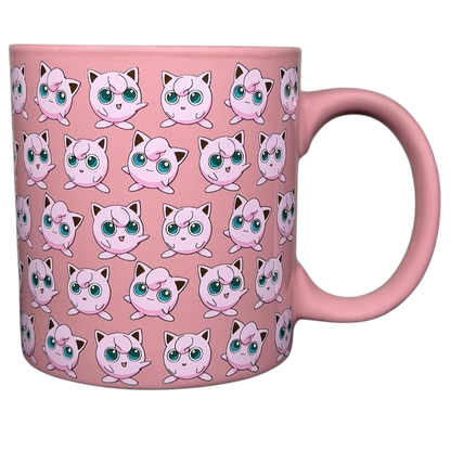 Pink Pokemon Jigglypuff mug featuring a patterned design of Jigglypuff characters