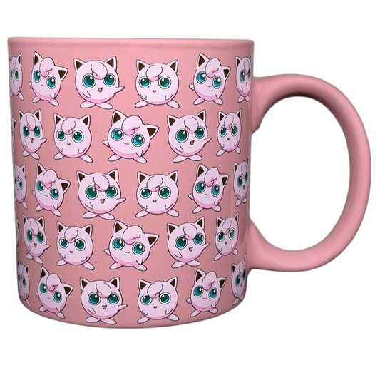 Pink Pokemon Jigglypuff mug featuring a patterned design of Jigglypuff characters