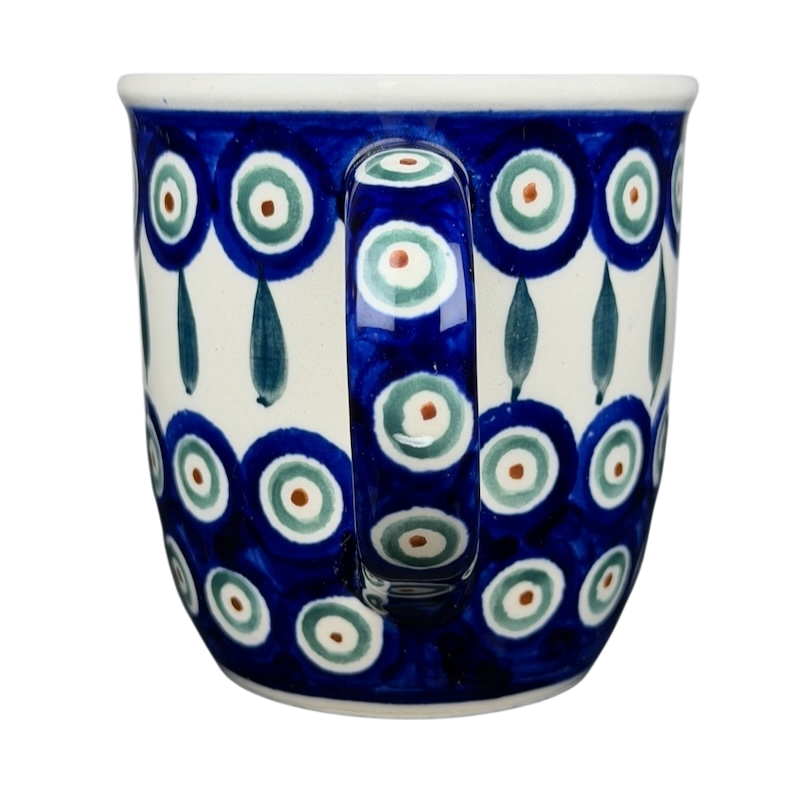 Polish pottery blue peacock eye mug with vibrant circular patterns and a sturdy handle