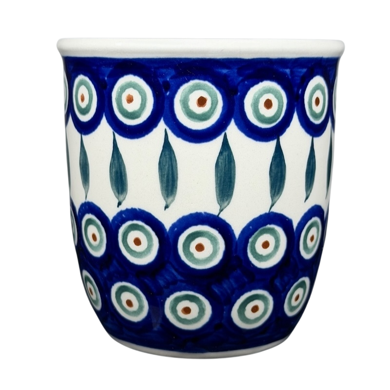 Polish pottery blue peacock eye mug featuring intricate blue and green patterns