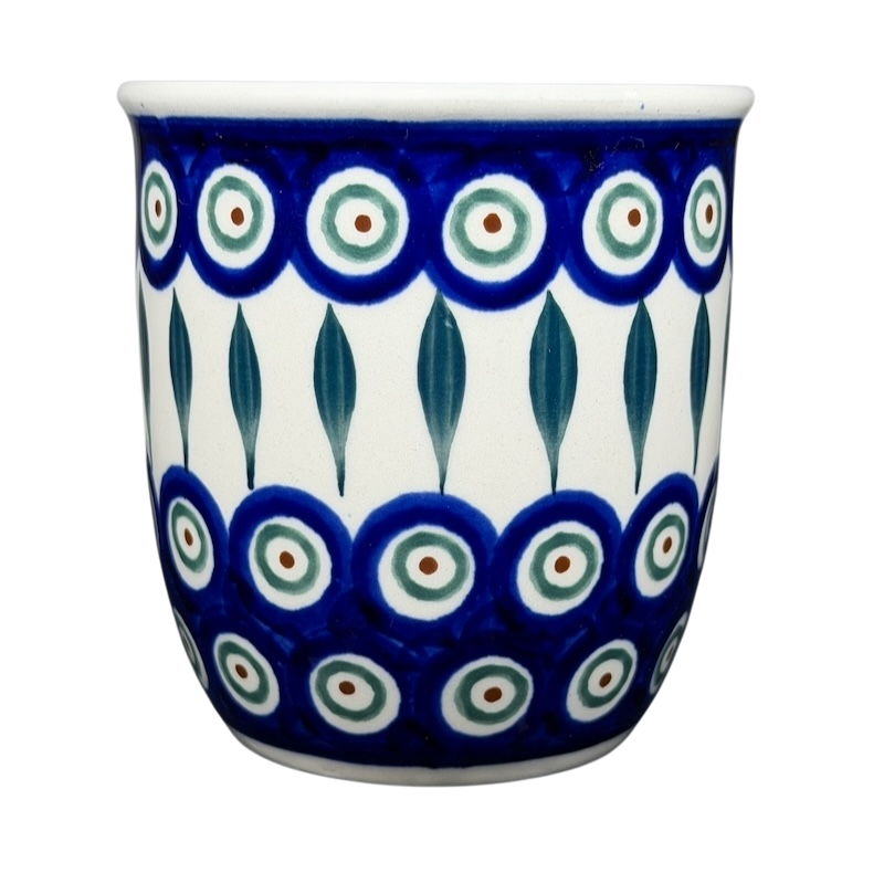 Polish pottery blue peacock eye mug with intricate floral and circular patterns