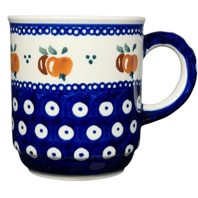 Polish Pottery Bolesławiec American School Warsaw Mug with Blue Pattern and Orange Details