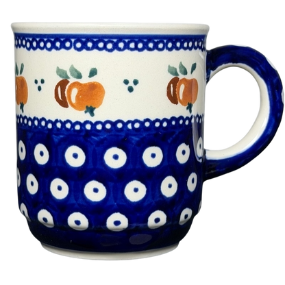 Polish Pottery Bolesławiec American School Warsaw Mug with Blue Pattern and Orange Details
