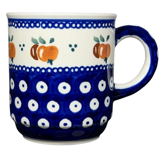 Polish Pottery Bolesławiec American School Warsaw Mug with Blue Pattern and Orange Details