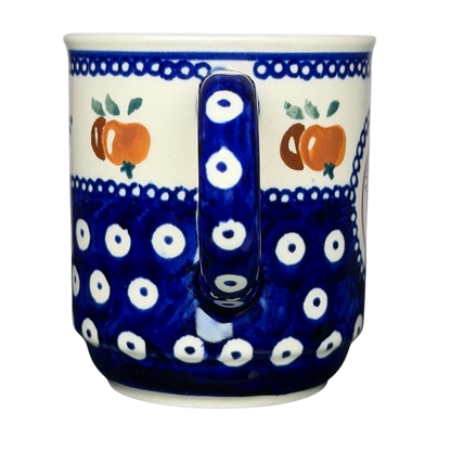 Polish Pottery Bolesławiec American School Warsaw Mug in Blue with Hand-Painted Orange Designs