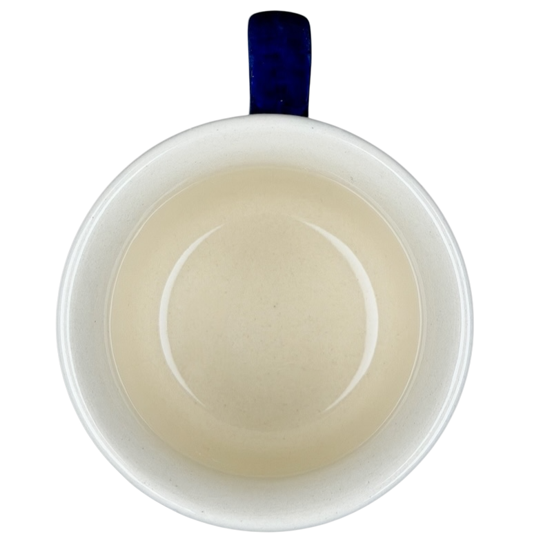 Polish Pottery Boleslawiec Floral Circle Dot Mug with a blue handle and smooth beige interior