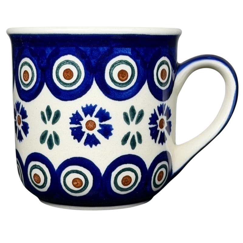 Polish Pottery Boleslawiec Floral Circle Dot Mug in Blue and White with Vibrant Floral Patterns